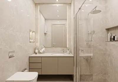Elegant Modern Bathroom with Marble Tiles and Walk-in Shower. A modern bathroom with light grey marble-look tiles. Features include a floating vanity, large mirror with integrated lighting, toilet, and a walk-in glass shower with a rainfall showerhead.