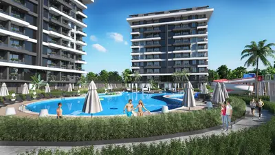 Modern Apartment Complex with Resort-Style Outdoor Pool. Outdoor communal area of a modern residential complex. Features a large swimming pool, sun loungers, cabanas, a water slide, and a jogging path, all surrounded by lush landscaping.