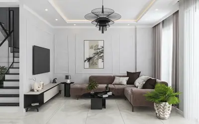 Elegantni dnevni boravak s modernim dekorom, L-sofa i stepenište. Moderni dnevni boravak sa udobnom L-smeđom sofom, elegantnim podom od pločica, upečatljivim crnim lusterom i TV-om montiranim na zid. Uključuje pristup stepeništu.