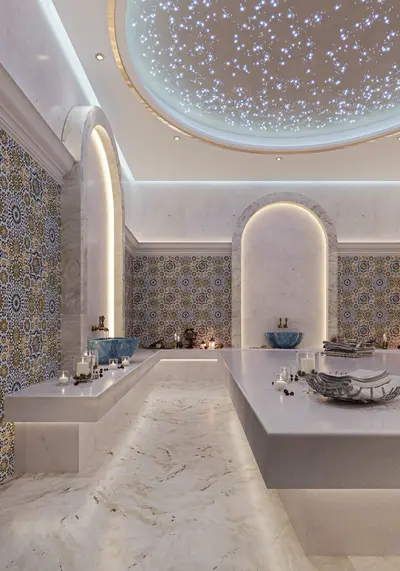 Luxurious Turkish Hamam with Ornate Tiles and Starry Ceiling. Luxurious spa bathroom featuring ornate patterned tiles, polished marble floor, and a stunning starry domed ceiling. Modern design with arched alcoves, ambient lighting, and elegant stone basins.