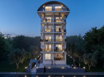 Modern Apartment Building Exterior with Balconies and Pool. Exterior view of a modern multi-story apartment building at dusk, featuring sleek architecture, illuminated glass balconies, a small pool, and a well-lit garden area.