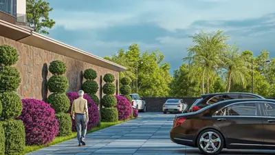 Elegant Exterior Parking with Manicured Shrubs and Palm Trees. Elegant exterior parking area with paved driveway, a stone wall, manicured green topiary shrubs, and vibrant purple flowers. Several cars are visible, surrounded by lush palm trees.