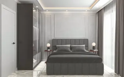 Elegantna moderna spavaća soba sa stilskim dekorom. Moderna i elegantna spavaća soba sa sivim tapaciranim krevetom, luksuznim mermernim podom i stilskim ugradnim osvetljenjem. Uključuje ugradni ormar i obilje prirodnog svetla.