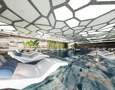 Luxury Indoor Swimming Pool with Modern Lounge Design. A modern indoor swimming pool area featuring a large blue pool, sleek white lounge chairs with blue cushions, and a distinctive geometric illuminated ceiling. Stone-tiled walls and potted plants complete this luxurious space.