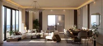 Luxury Open-Plan Living and Dining Room with City View. Modern open-plan living and dining room with large glass doors offering a panoramic city view. Features luxurious wooden flooring, a crystal chandelier, recessed lighting, and stylish contemporary furnishings.