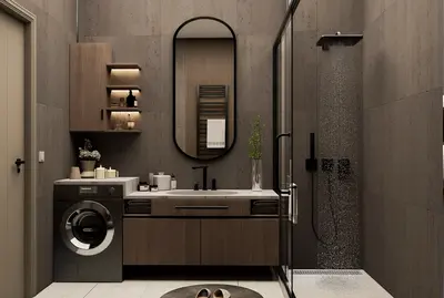 Stylish Modern Bathroom with Rain Shower and Laundry Amenity. A modern bathroom featuring dark grey tiled walls, light flooring, a wooden vanity, a large oval mirror, and a sleek walk-in rain shower. Includes an integrated washing machine for convenience.