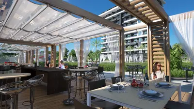 Contemporary Al Fresco Dining and Lounge Space. A modern outdoor social area with a wooden pergola, retractable roof, and decking. Features dining tables, a bar, and lush greenery, perfect for communal gatherings and relaxation.