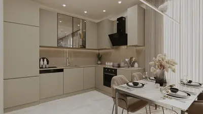 Modern Kitchen and Dining Area with Sleek Design. A modern kitchen and dining area with sleek light-colored cabinets, integrated appliances, and a stylish black range hood. Features light flooring, ambient lighting, and an elegant dining table.