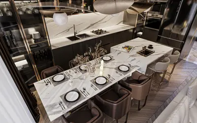 Luxury Open-Plan Kitchen with Marble Island Dining. A modern, luxurious open-plan kitchen and dining area. Features a large marble island with integrated dining table, dark cabinetry, sleek appliances, and a built-in wine rack. High-end, contemporary design.