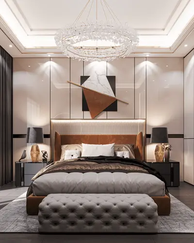 Luxury Modern Master Bedroom with Elegant Decor. A luxurious modern bedroom with a large bed, tufted bench, dual nightstands, and contemporary wall art. Features an elegant chandelier, recessed lighting, and dark wood flooring with a rug.