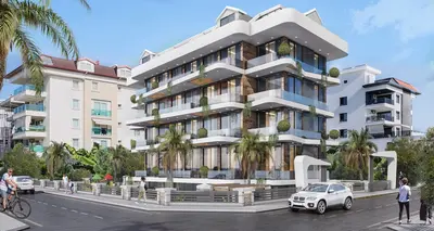 Modern Luxury Apartment Building Exterior in Turkey. A contemporary multistory apartment building exterior with sleek white curved balconies, glass railings, and natural wood paneling. Lush palm trees line the street, enhancing the modern architectural design.