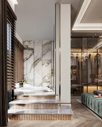 Luxury Modern Master Bedroom Suite with Integrated Bathtub. A luxurious modern master bedroom suite featuring an integrated circular bathtub on a raised marble platform with elegant steps. It includes a chic wardrobe, wooden herringbone flooring, and large windows.
