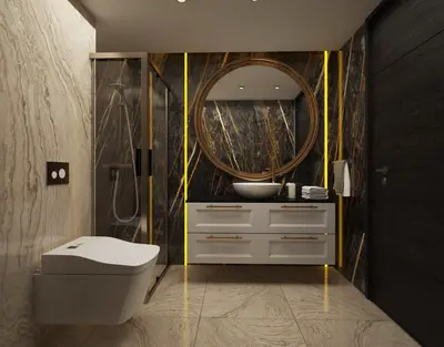 Luxury Modern Bathroom with Marble Walls and Gold Accents. Luxurious modern bathroom with wall-mounted toilet and glass shower. Elegant black and beige marble walls, a gold-framed mirror, and golden LED strip lighting define this sophisticated design.