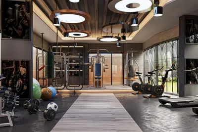 Modern Fully Equipped Gym with Diverse Fitness Equipment. A modern, fully equipped gym featuring various weight machines, cardio equipment like exercise bikes and a treadmill, free weights, and a punching bag, all under stylish circular lighting.