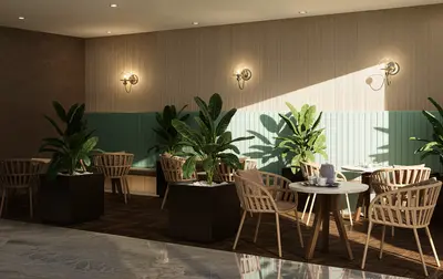 Stylish Social Area with Modern Decor and Greenery. An inviting modern social area with stylish woven chairs and round tables amidst large potted plants. Features light wooden walls, wall sconces, and mixed flooring, perfect for relaxation.