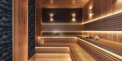 Modern Sauna Room with Wood Paneling and Ambient Lighting. A modern and luxurious sauna room featuring light wood paneling, a dark stone accent wall, multi-level benches, and warm LED strip lighting. Includes sauna accessories and soft towels.
