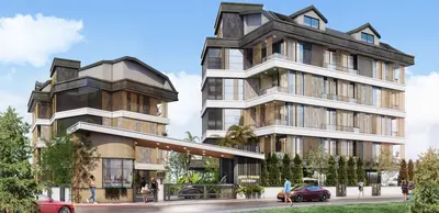 Modern Luxury Apartment Complex Exterior with Grand Entrance. Exterior view of a modern luxury apartment complex featuring two multi-story buildings with contemporary architecture, large windows, and a grand, secured entrance gate with lush landscaping and visible parking.