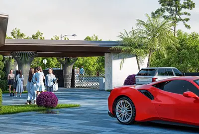 Grand Entrance to Modern Residential Complex with Upscale Cars. Grand entrance to a modern residential complex. Features a covered driveway, distinctive pillars, patterned paving, lush landscaping, and luxury cars, enhancing this upscale communal exterior.
