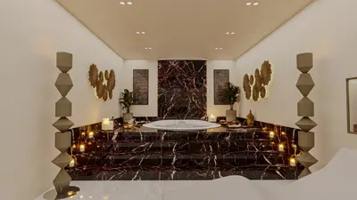 Luxury Marble Spa Bathroom with Jacuzzi Tub. A luxurious private spa area featuring an elevated jacuzzi tub on a multi-tiered black marble platform. Ambient candles, plants, and modern decor create a serene, opulent atmosphere.