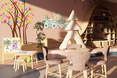 Modern Children's Playroom with Creative Activity Zones. Vibrant children's play area with a colorful tree mural, drawing easel, and a tree-shaped play structure. Features a curved bookshelf and soft floor, ideal for family activities.