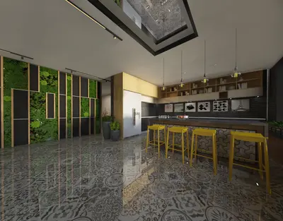 Modern Social Area with Bar and Green Wall Feature. A modern social area featuring a contemporary bar with yellow stools, vibrant green living wall, and elegant patterned tile flooring. Includes built-in shelving and stylish lighting.