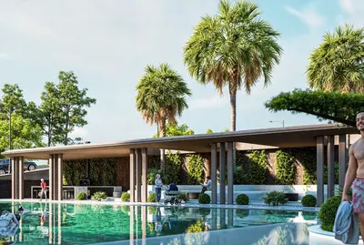 Luxurious Outdoor Swimming Pool with Modern Social Area. A luxurious outdoor swimming pool with crystal clear water, flanked by a modern covered social area featuring seating, a bar, lush green walls, and palm trees, offering a resort-style amenity.