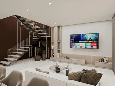 Modern Living Room with Elegant Floating Staircase Design. A luxurious modern living room featuring a striking floating staircase with glass railing. It boasts white marble flooring, recessed lighting, a large wall-mounted TV, and comfortable seating for elegant living.