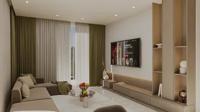 Modern Living Room with Stylish Media Console and Natural Light. A modern living room with a large L-shaped sofa, wall-mounted TV, and sleek media console. It features light tiled flooring, recessed lighting, and large windows with olive drapes.