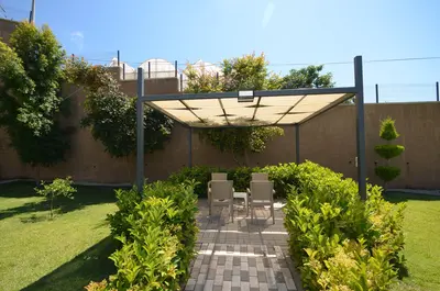 Lush Garden with Modern Pergola and Outdoor Furniture. A modern garden features a shaded pergola over outdoor seating on a paved path. Lush green bushes and a manicured lawn define this serene and inviting space.