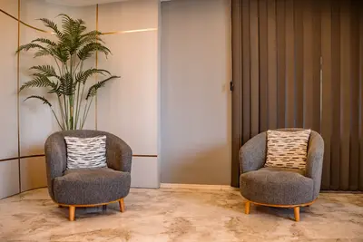 Stylish Modern Seating Area with Comfortable Armchairs. A modern social area featuring two comfortable grey armchairs with patterned cushions, a large potted plant, and light marble flooring. Brown vertical blinds cover a window.