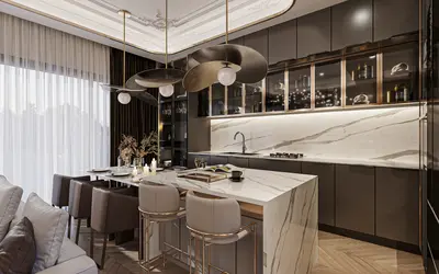 Modern Open-Plan Kitchen and Dining Area. Modern open-plan kitchen and dining area. Features dark cabinetry, white marble countertops and island with bar seating. Stylish pendant lights, herringbone hardwood floor, and large window create a luxurious design.
