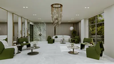 Luxurious Modern Lobby with Elegant Chandelier and Garden View. A modern and luxurious hotel lobby featuring a grand chandelier, stylish green armchairs, and a white sofa on polished marble floors. Large windows offer a serene garden view.