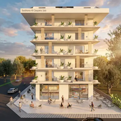 Modern Apartment Building Exterior with Balconies and Retail Spaces. Modern, multi-story apartment building exterior with balconies adorned by potted plants. Ground floor features bustling commercial units and outdoor cafe seating, creating a vibrant street-level experience.