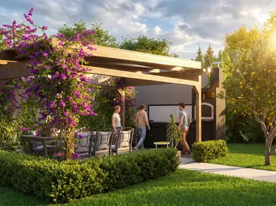 Vibrant Garden with Bougainvillea Pergola and Outdoor Kitchen. A vibrant modern garden features a wooden pergola draped with purple bougainvillea, an outdoor dining area, and a built-in kitchen with a pizza oven, surrounded by lush green lawn.
