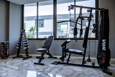 Modern Home Gym with Full Exercise Equipment. A modern home gym featuring a black multi-station workout machine, a dumbbell rack with colorful weights, and an adjustable bench. The room has light grey marble-patterned tiled floors and large windows providing natural light.