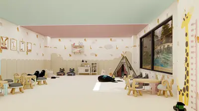 Bright Children's Playroom with Pool View. Spacious, modern children's play area with animal-themed walls. Features small wooden tables, a play tent, and a large window offering a bright view of an outdoor swimming pool.