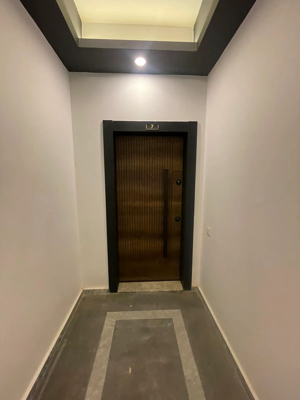 Moderner Eingangsbereich einer Wohnung mit stilvoller Tür. Ein moderner Flur einer Wohnung mit einer Eingangstür aus dunklem Holz und schwarzem Rahmen. Der Raum verfügt über einen gemusterten Fliesenboden, Einbauleuchten und ein zeitgemäßes Deckendesign.