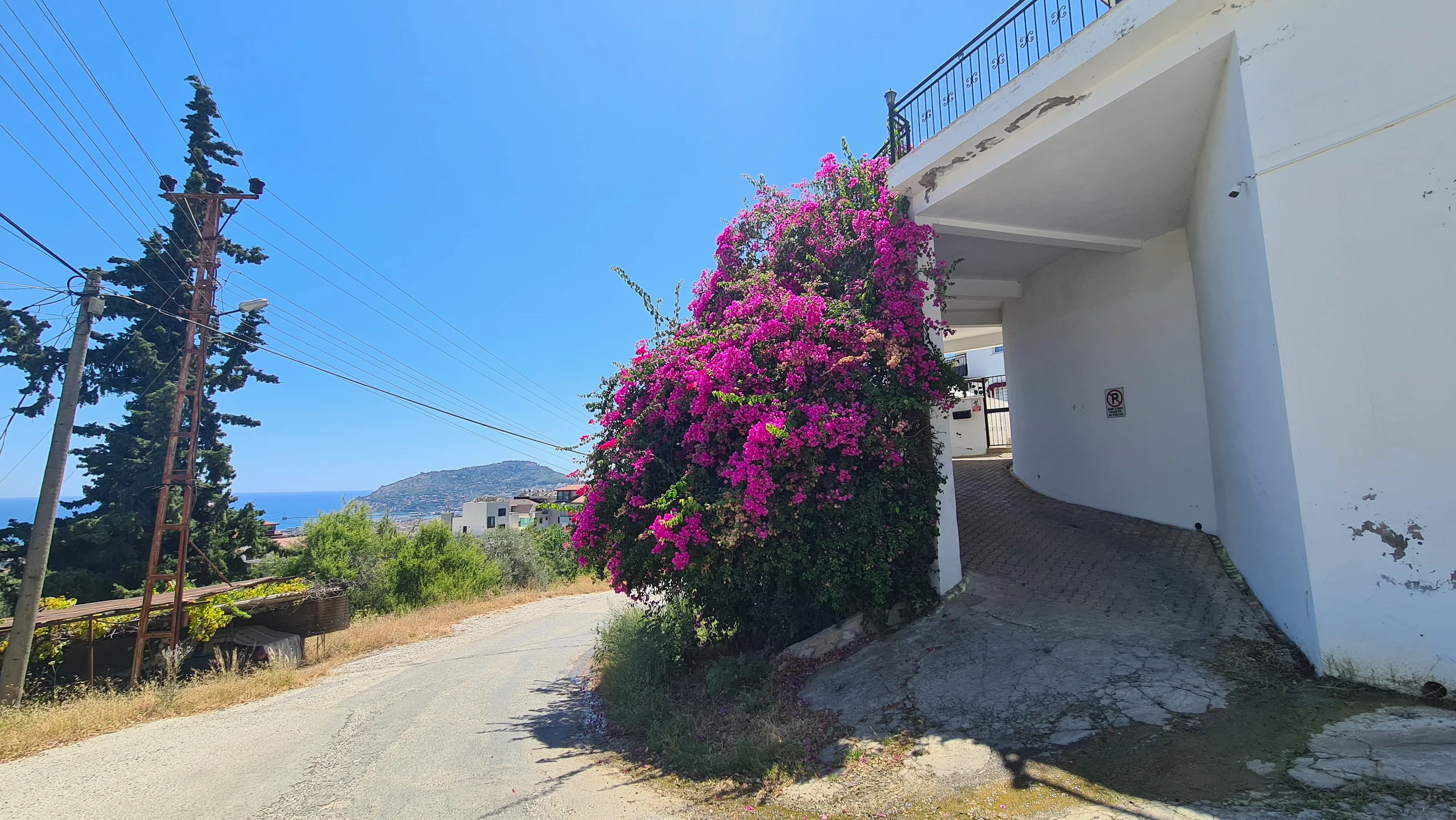 Charmanter Hauseingang mit Bougainvillea und Meerblick. Hauseingang an einem sonnigen Tag mit einem leuchtend rosa Bougainvillea-Busch, einer gepflasterten, geschwungenen Auffahrt und einem wunderschönen Fernblick auf das Mittelmeer.