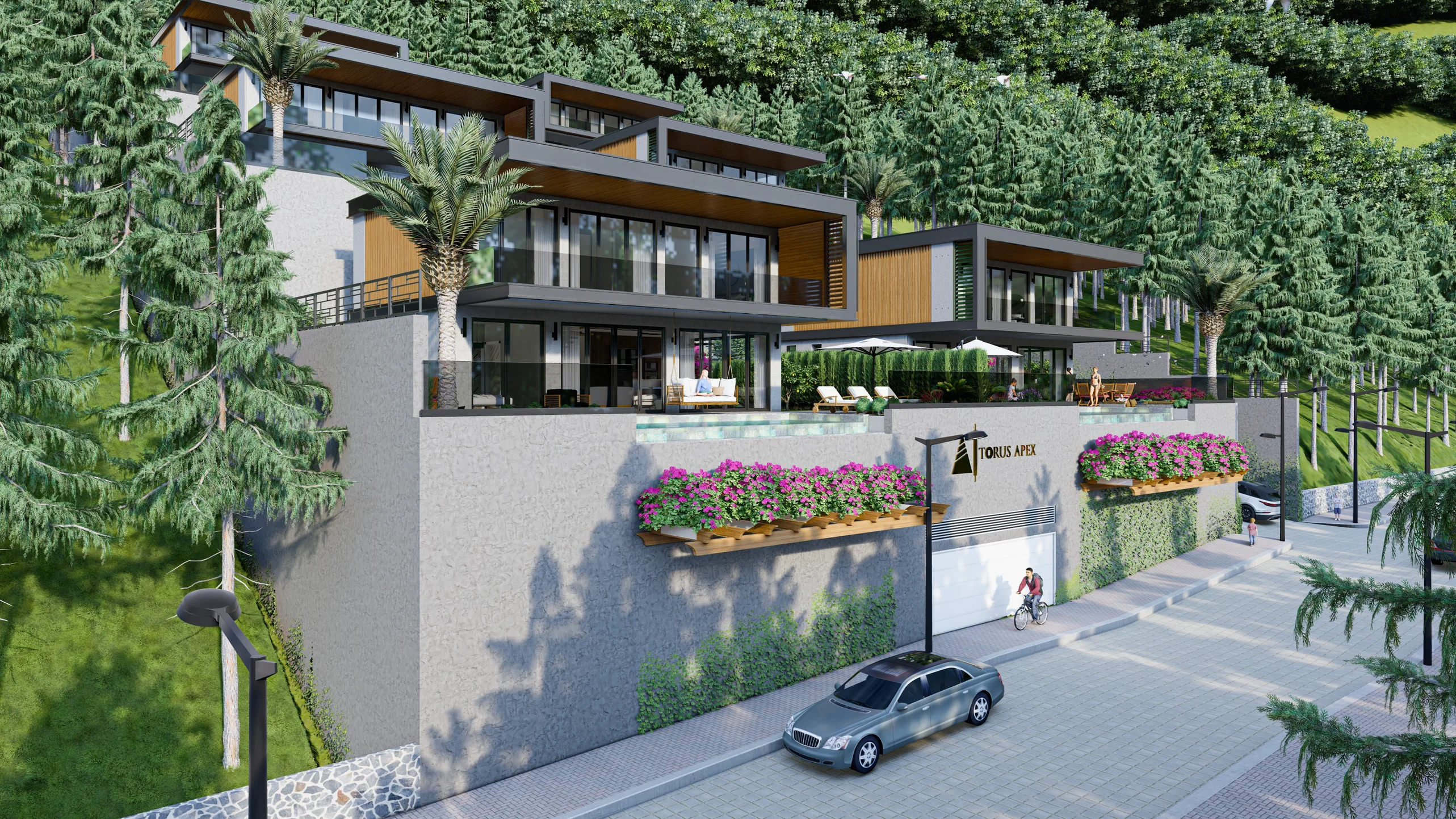 فلل فاخرة على التلال مع مسابح خاصة وتصميم عصري. منظر خارجي لمجمع فلل فاخرة وعصرية، يتميز بهندسة معمارية متعددة المستويات، مسابح إنفينيتي خاصة، تراسات واسعة، وتنسيق حدائق تلال خضراء مورقة. تصميم معاصر في بيئة خضراء.