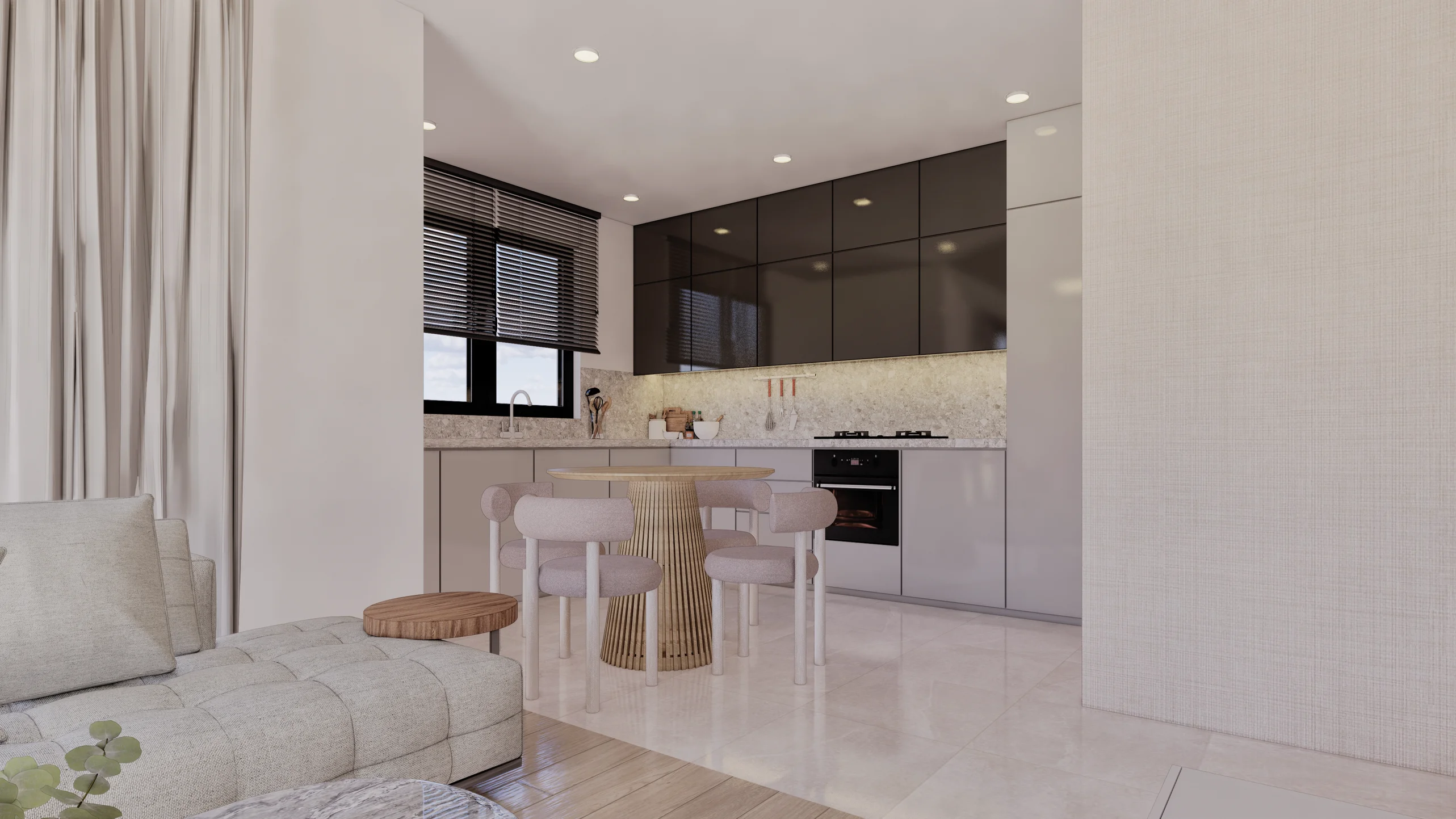 مطبخ ومنطقة طعام حديثة ذات تصميم مفتوح. مطبخ ومنطقة طعام حديثة ذات تصميم مفتوح، تتميز بخزائن أنيقة داكنة وفاتحة، وأجهزة مدمجة، وطاولة مستديرة أنيقة مع كراسي. يكتمل الفضاء بأرضيات مبلطة وإضاءة غائرة.