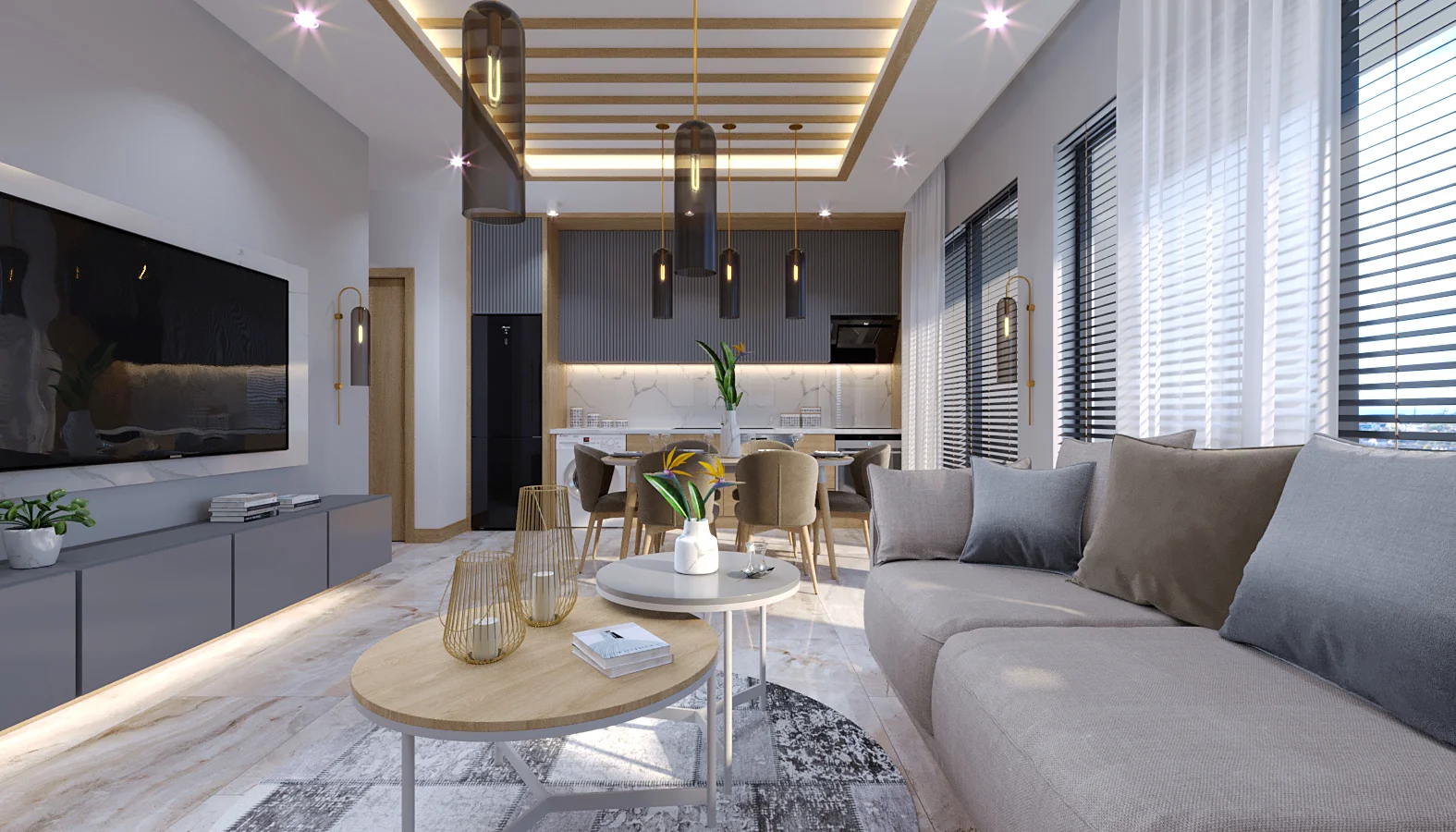 غرفة معيشة عصرية ذات تصميم مفتوح مع مطبخ ومنطقة طعام مدمجين. مساحة معيشة حديثة بتصميم مفتوح مع أريكة رمادية وتلفزيون كبير وأرضية رخامية. تتميز منطقة المطبخ والطعام المدمجة بإضاءة معلقة أنيقة ونوافذ مشرقة.