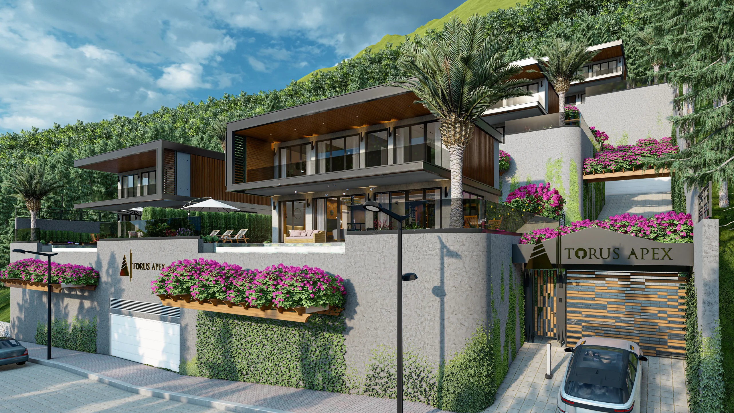 مجمع فلل حديث على التل مع خضرة وارفة. منظر لمجمع سكني حديث يضم فلل متعددة المستويات مدمجة في تل أخضر وارف. يشمل نوافذ كبيرة، تراسات خارجية واسعة، وموقف سيارات خاص.