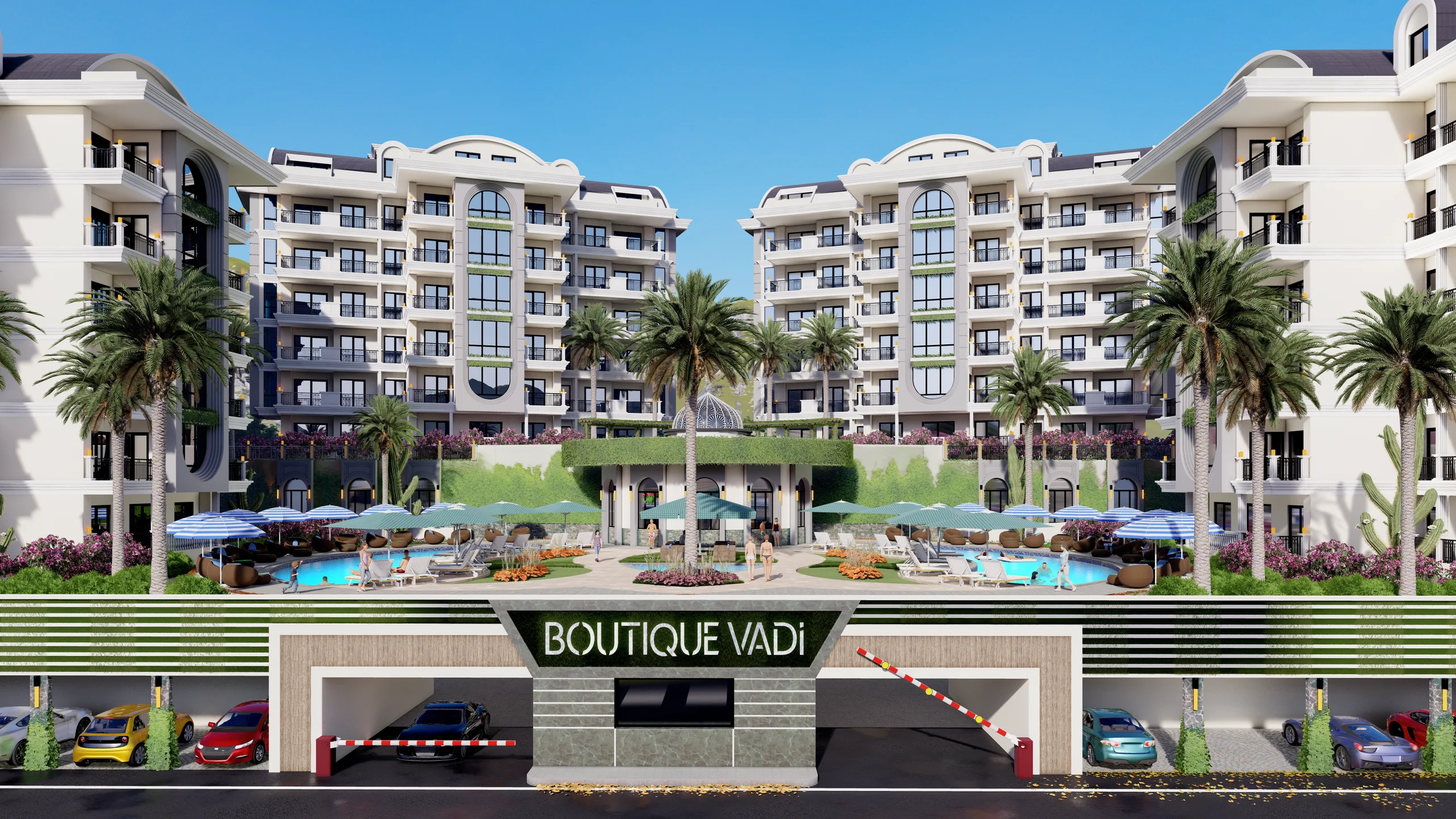 Boutique Vadi Luxury Apartment Complex with Resort-Style Pool. Exterior view of the modern Boutique Vadi luxury apartment complex. Features a resort-style swimming pool, lush landscaping, and secure underground parking beneath elegant buildings.