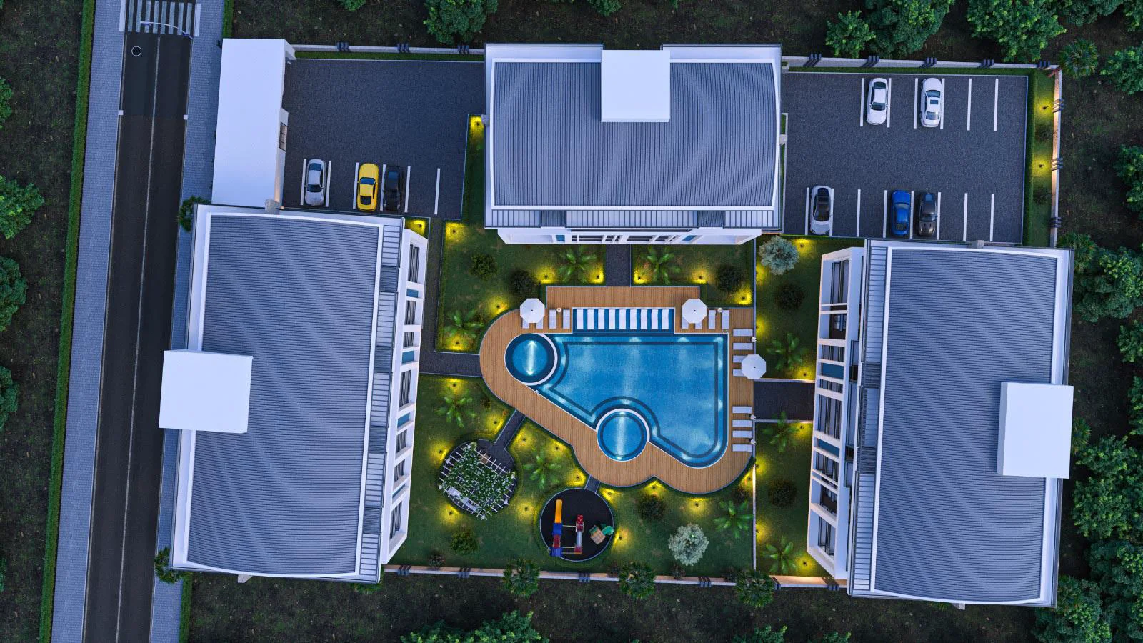 Aerial View of Modern Residential Complex with Pool and Parking. Aerial view of a modern residential complex. Features include multiple buildings, a large swimming pool, landscaped gardens with lighting, a children's playground, and ample parking areas.