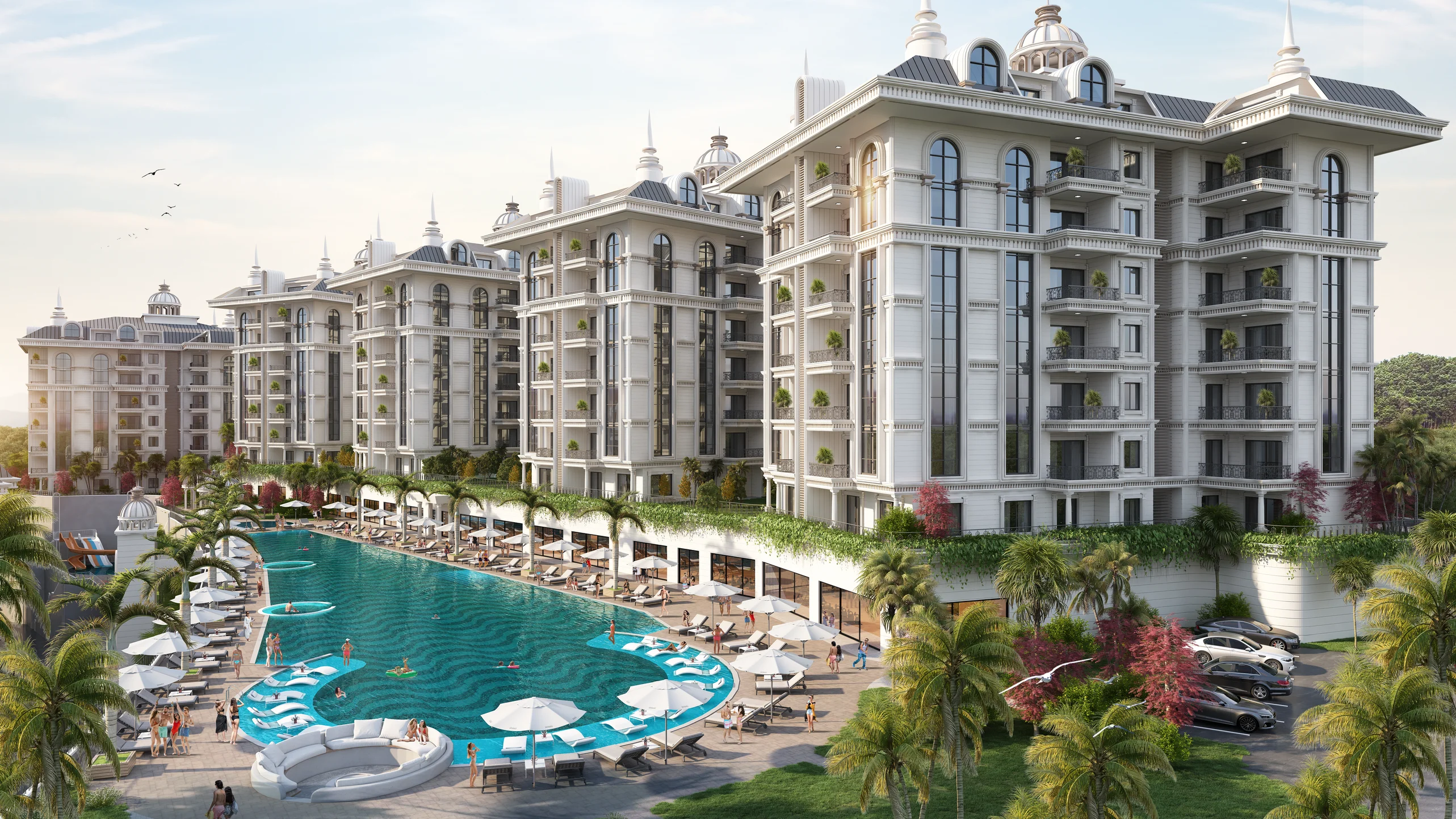 Luxury Residential Complex with Expansive Outdoor Pool. Exterior view of a modern luxury residential complex featuring multiple grand buildings. A large, resort-style swimming pool with sun loungers and palm trees dominates the foreground.