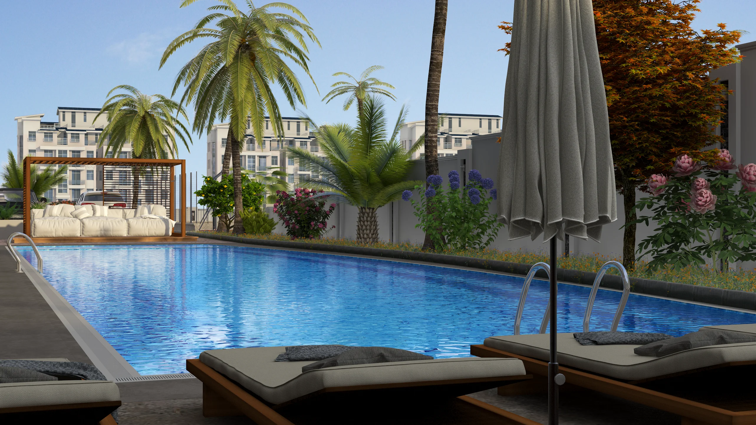 Luxury Outdoor Swimming Pool with Pergola and Palm Trees. A modern outdoor swimming pool area with clear blue water, comfortable sun loungers, and a stylish wooden pergola daybed. Lush palm trees and residential buildings complete this inviting scene.