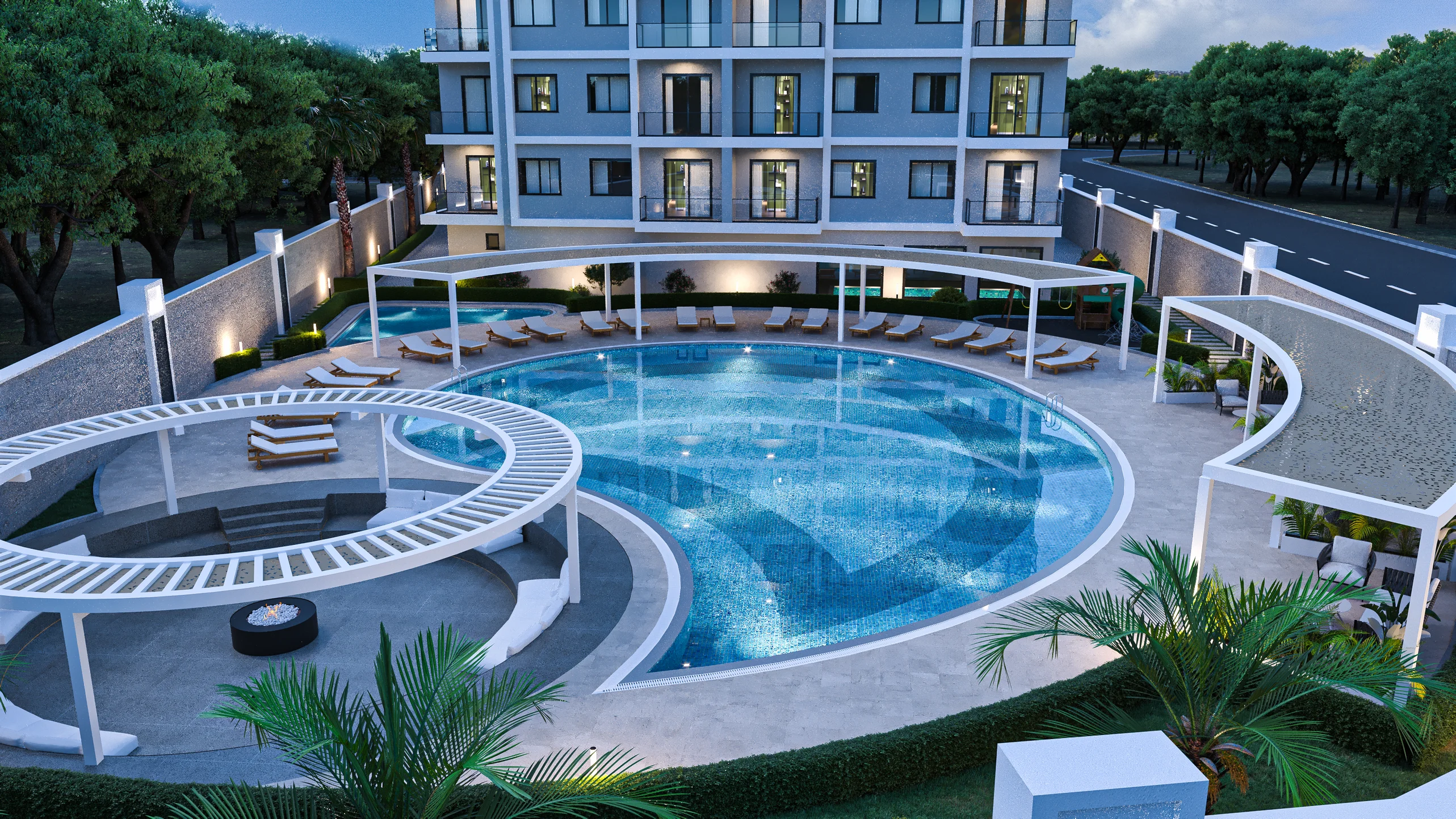 Luxury Residential Complex with Modern Swimming Pool Area. Aerial view of a modern residential complex's luxury outdoor pool. It features a large blue mosaic swimming pool, numerous loungers, stylish pergolas, a fire pit lounge, and lush greenery.